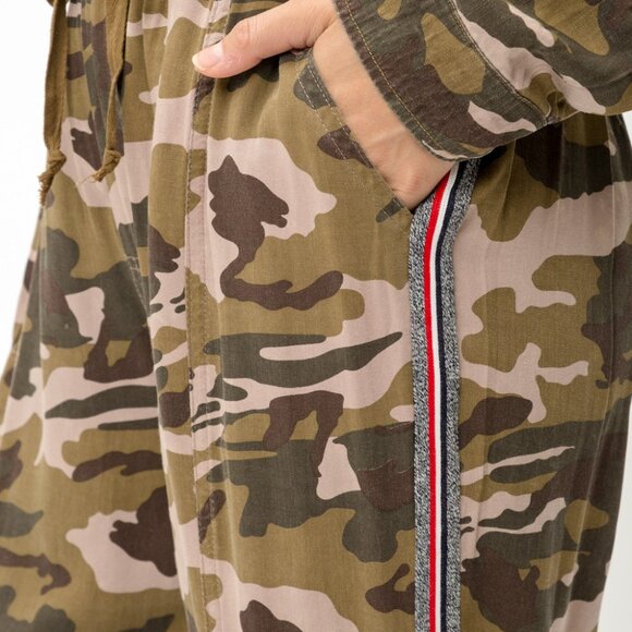 MYSTREE Camo Jogger Pants, Green Brown Drawstring Lounge Pants with Side Stripe - Picture 8 of 8